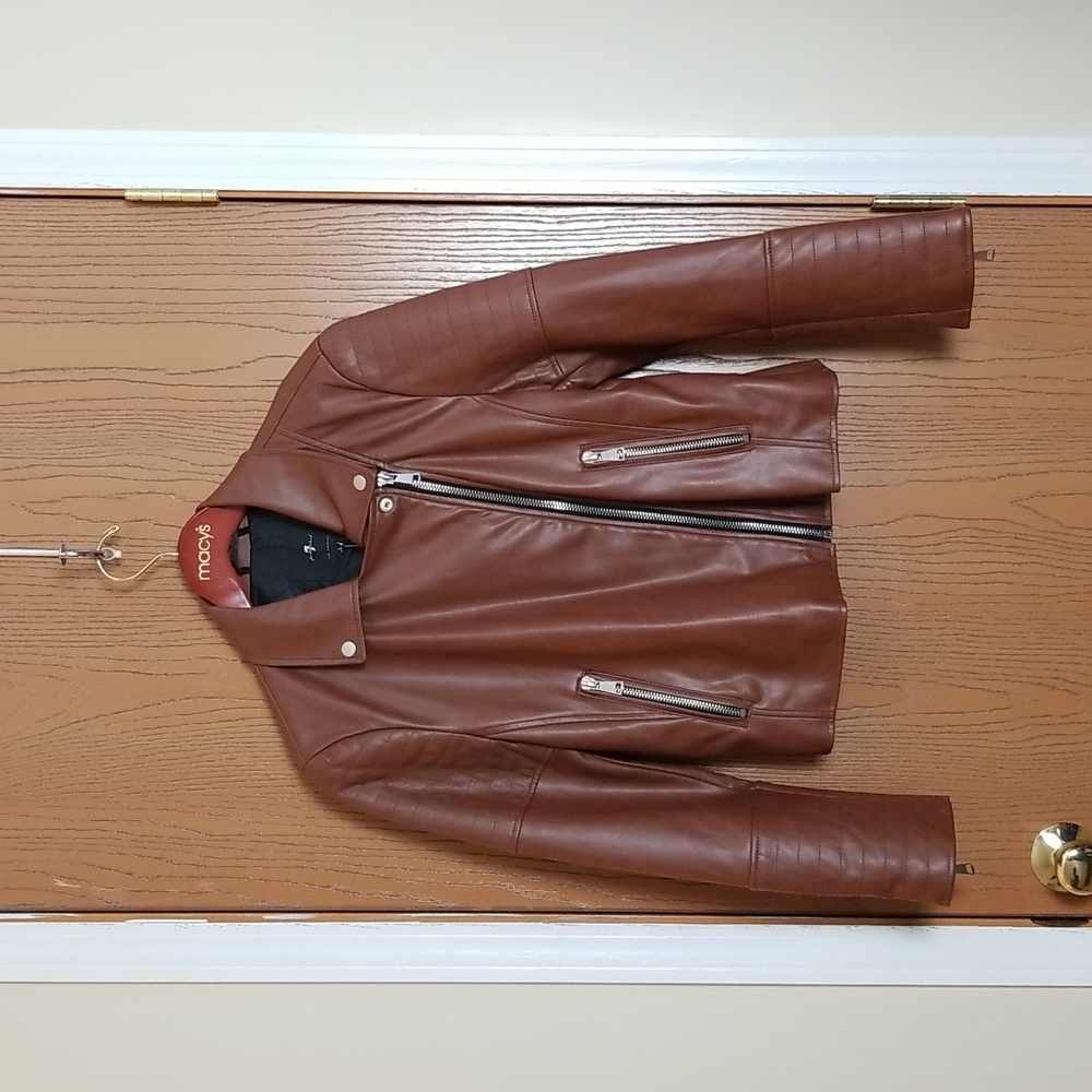 NWT 7 for All Mankind Brown Faux Leather Moto Full Zip Jacket Size Large